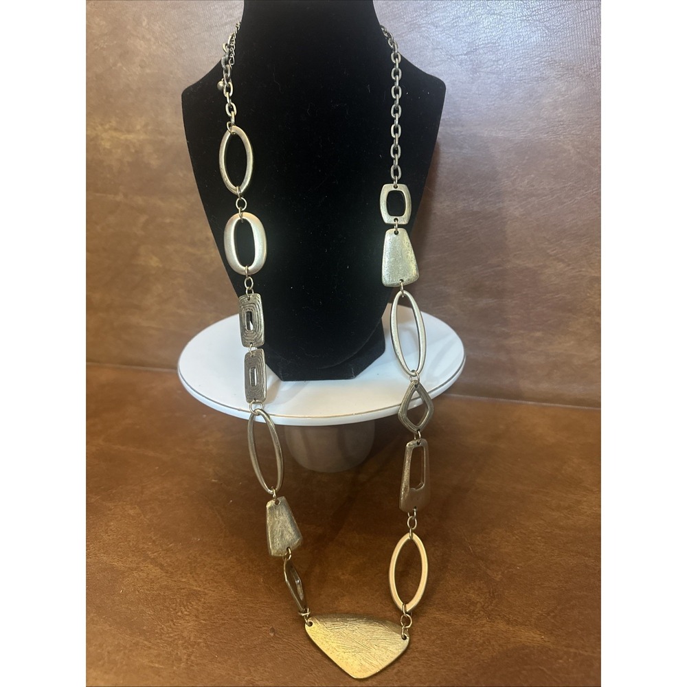 Chicos long gold tone necklace multiple geometric shapes artsy statement piece
